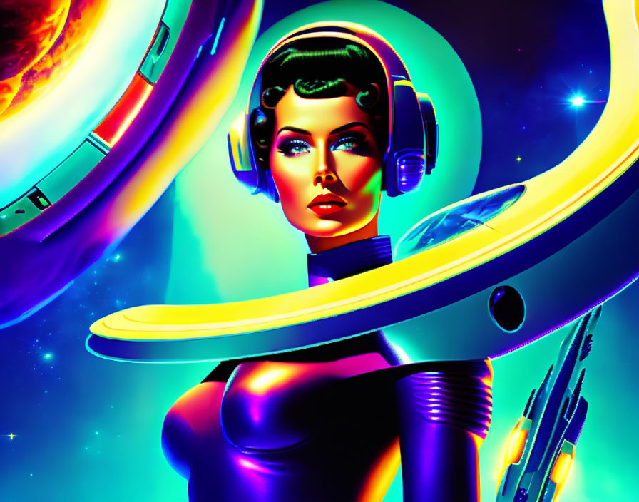 Retro-futuristic illustration of woman with vintage hairstyle and headphones