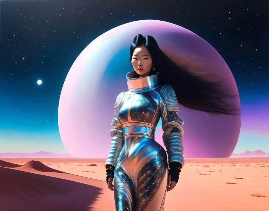 Futuristic astronaut on alien planet with pink sky