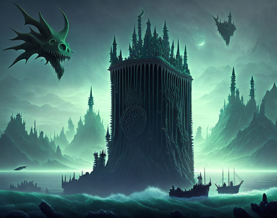 Dark castle in misty mountains with ships and floating creatures under green sky