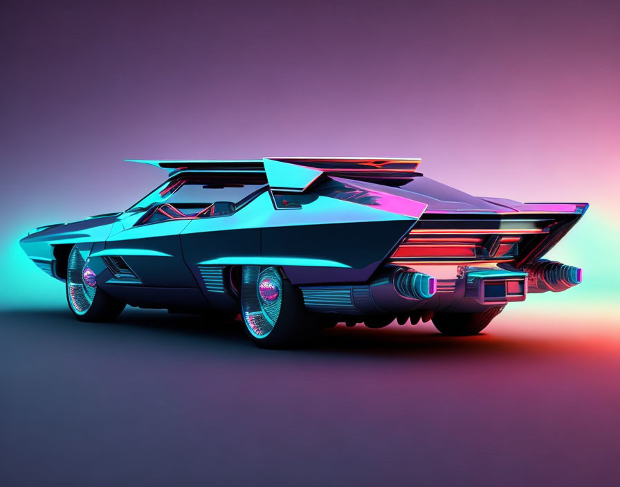 Futuristic car with neon accents and jet propulsion on pink and purple gradient.