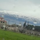 Lush green hillside, river city, snowy mountain in serene landscape