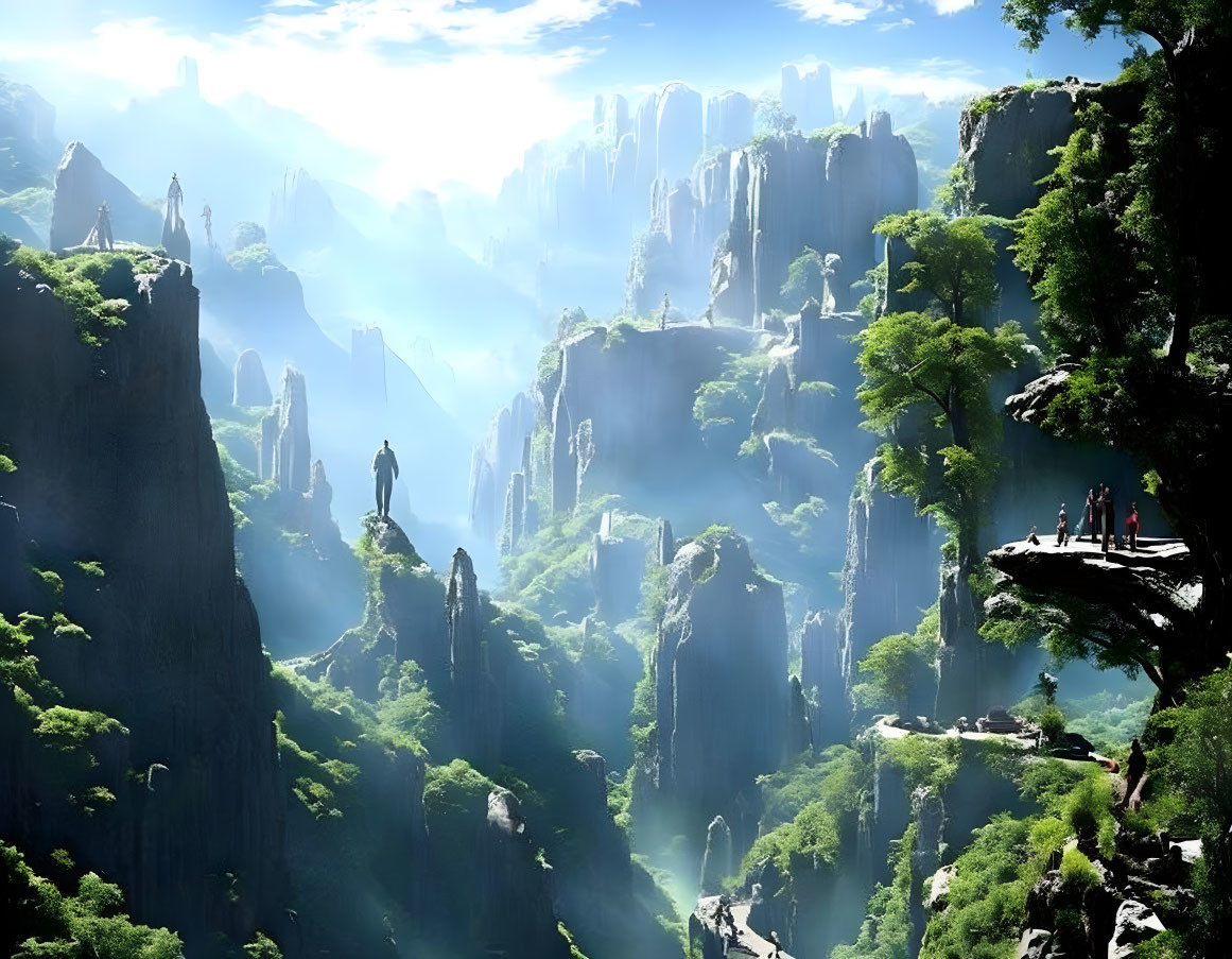 Majestic fantasy landscape with green cliffs, misty valleys, and tiny figures on a precipice