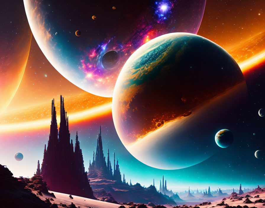 Sci-fi landscape with planets, moons, black hole, and spires