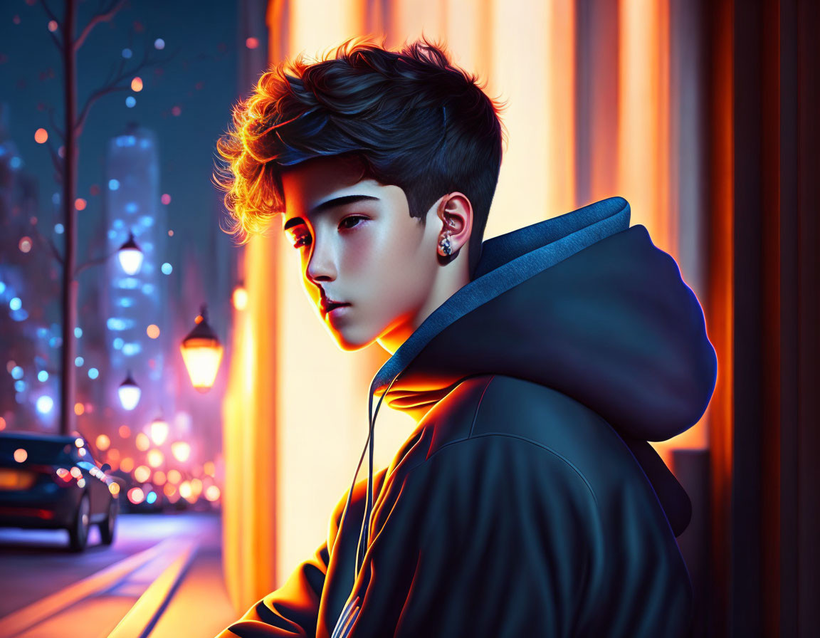 Digital portrait of young person with earring in hoodie against neon-lit urban backdrop