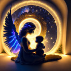 Mystical angel with baby under star-filled light and ornate archway