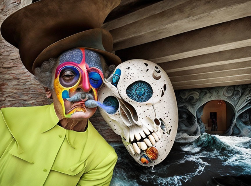 Surrealist image: person in hat with colorful skull face paint beside large skull in cave with turbulent