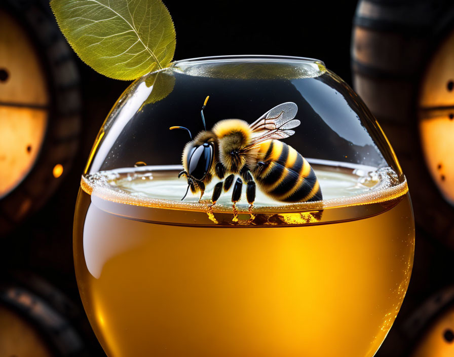 Bee on Glass of Honey with Wooden Barrels Background