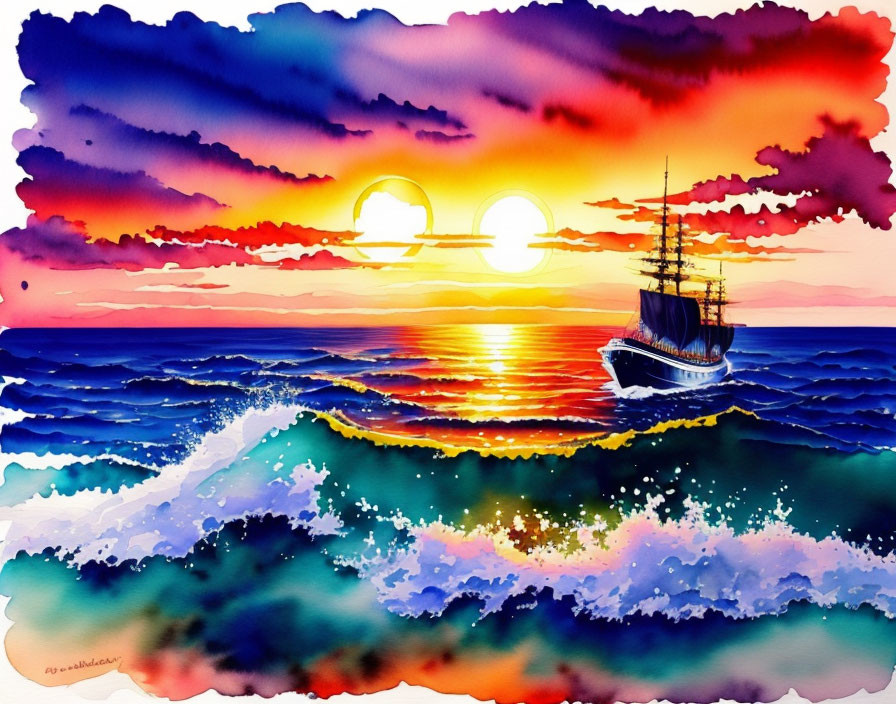 Colorful Watercolor Sunset with Sailing Ship Silhouette