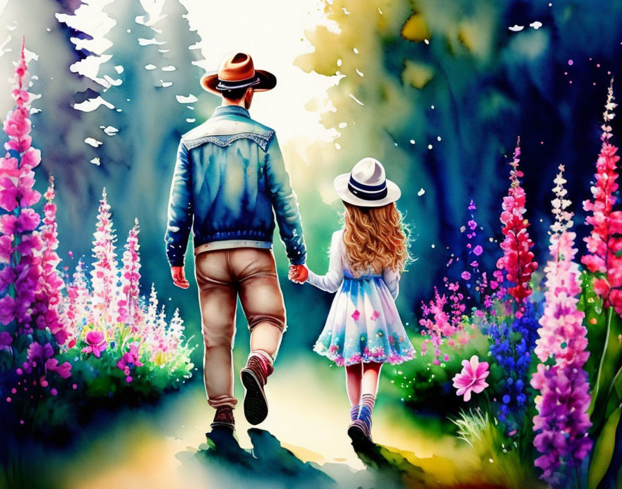 Man and girl walking in colorful flower path garden setting