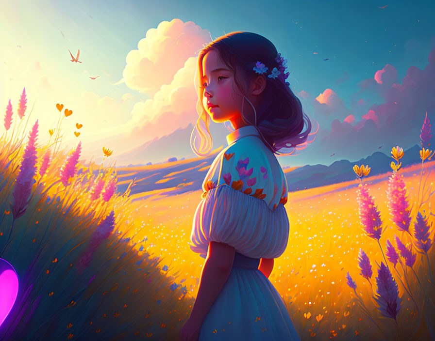 Young girl in vibrant field at sunset surrounded by flowers