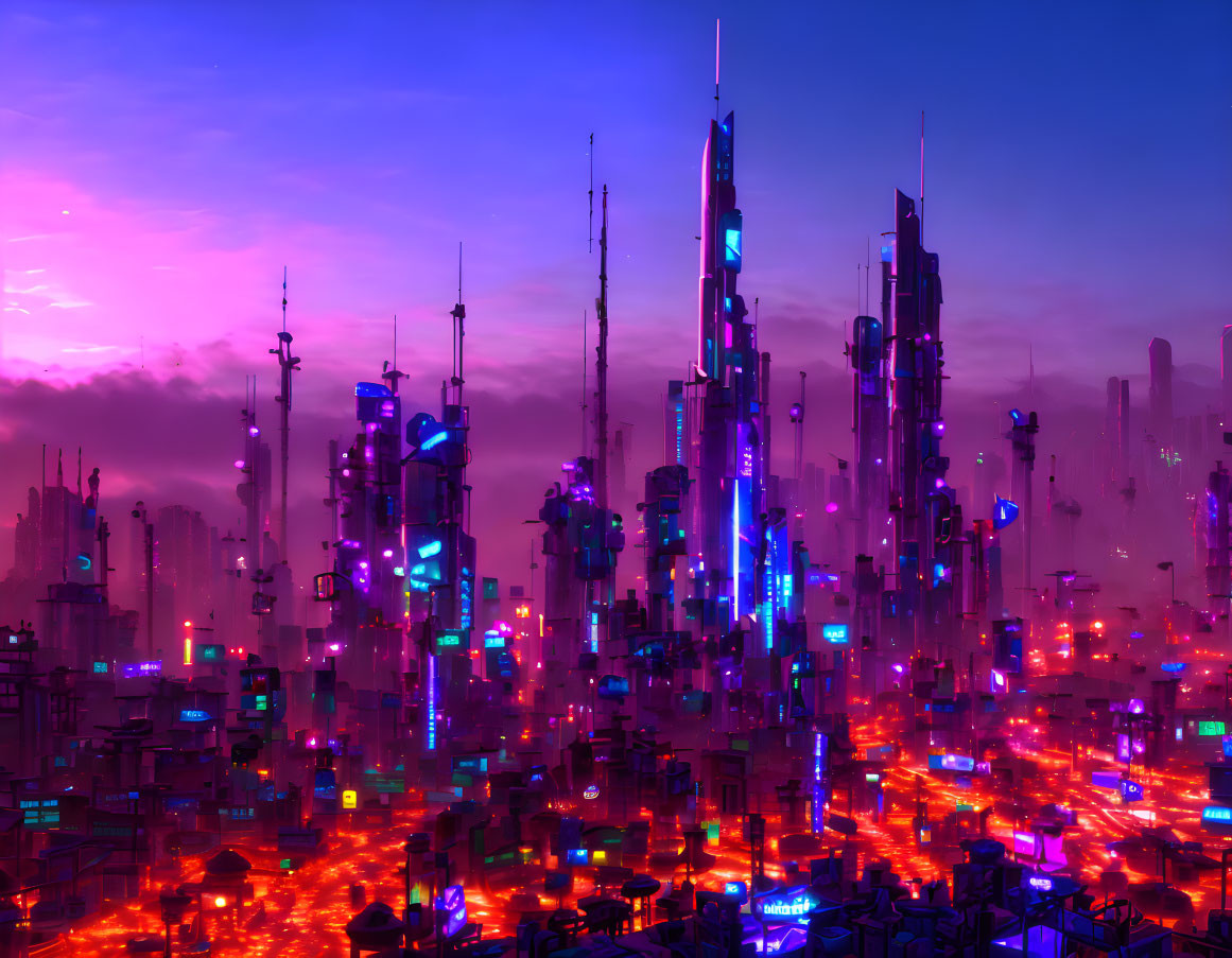 Futuristic cityscape with neon-lit high-rises at dusk