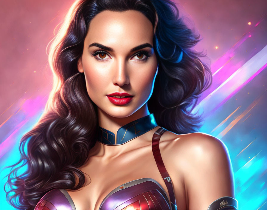 Dark-haired woman in red, gold, and blue superhero suit on cosmic backdrop