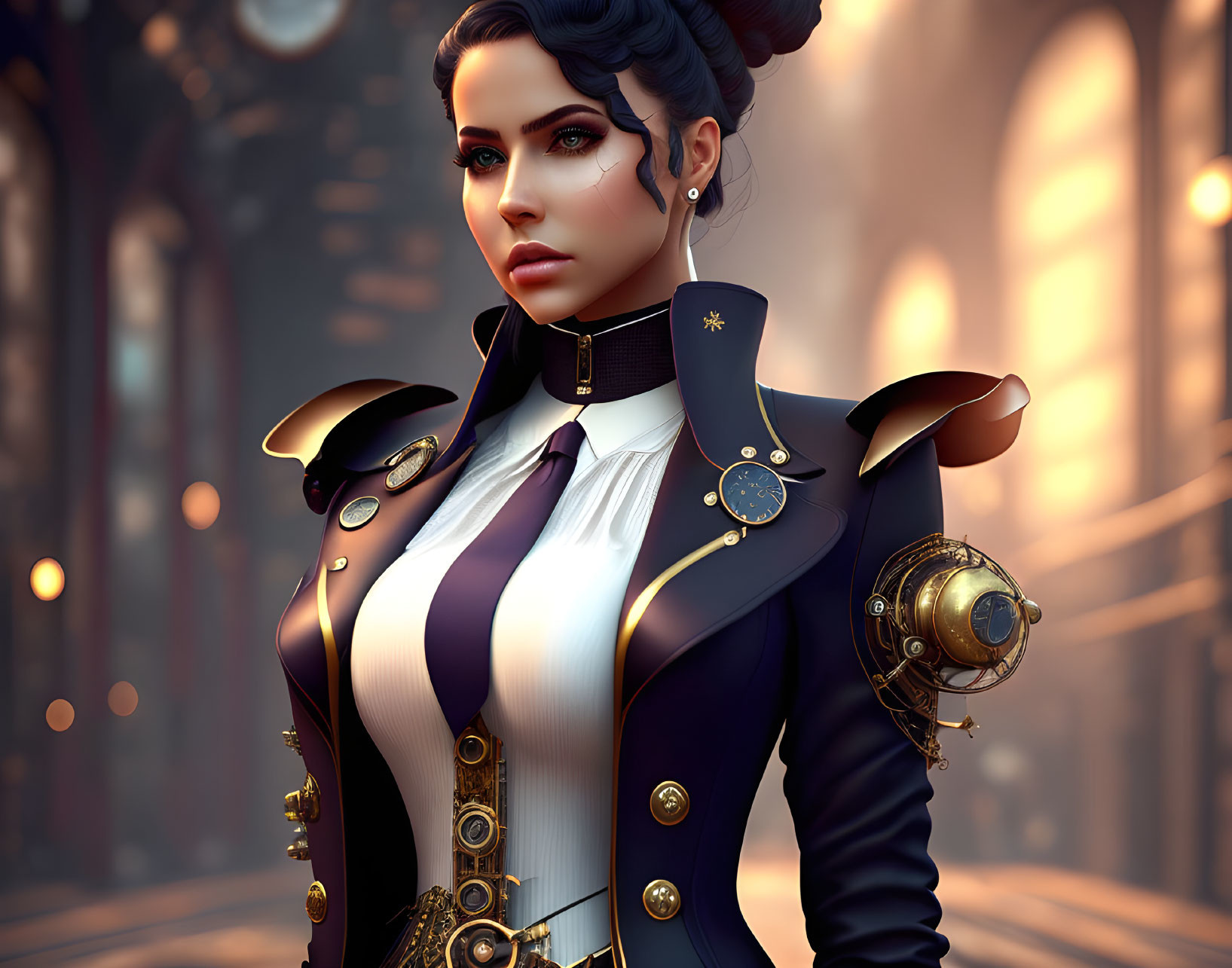 Victorian-inspired 3D female character in high-collared jacket with futuristic twist