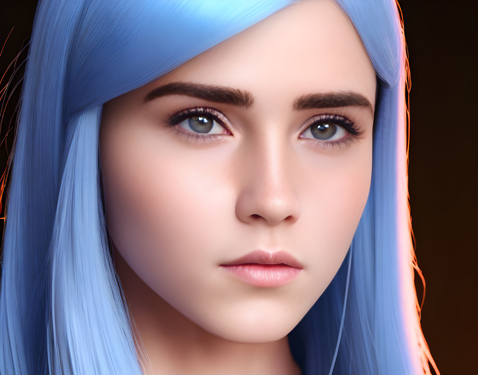 Close-Up of Person with Blue Hair & Piercing Brown Eyes on Warm Background