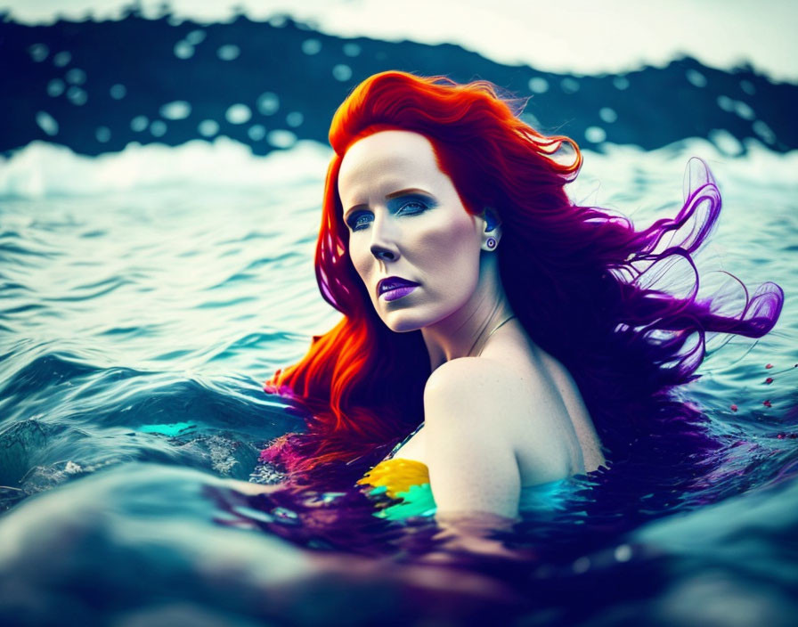 Vibrant red-haired woman in blue water with striking makeup