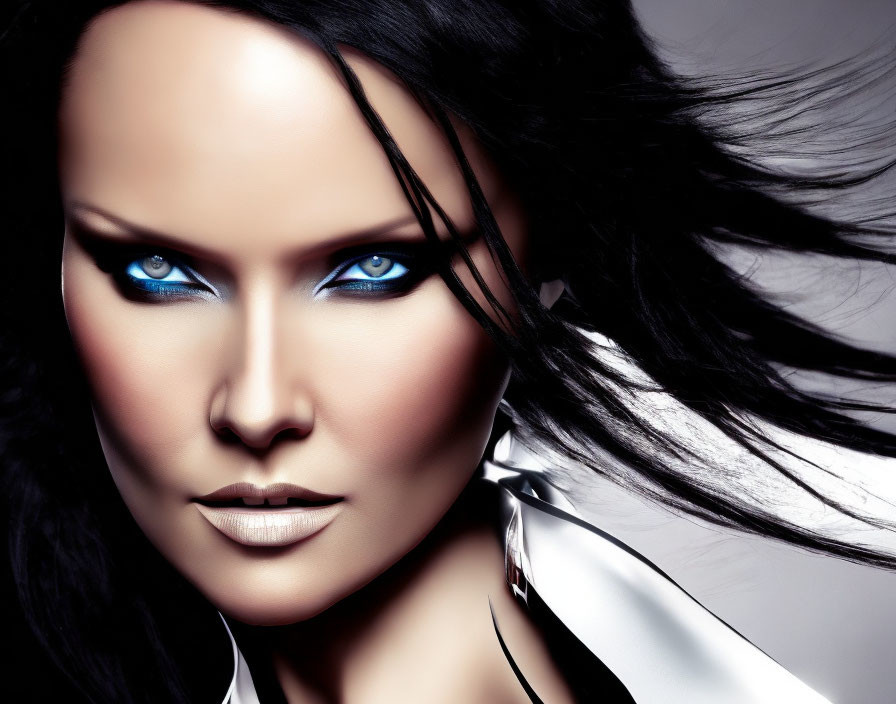 Striking blue-eyed woman with sharp cheekbones and dark hair on grey background