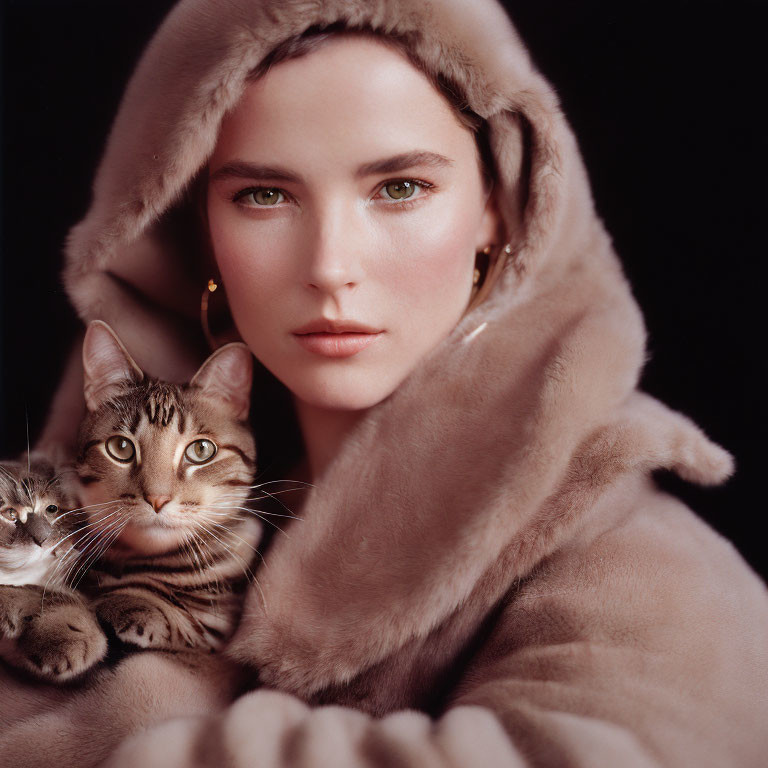 Woman holding striped cat with fur hood in warm lighting