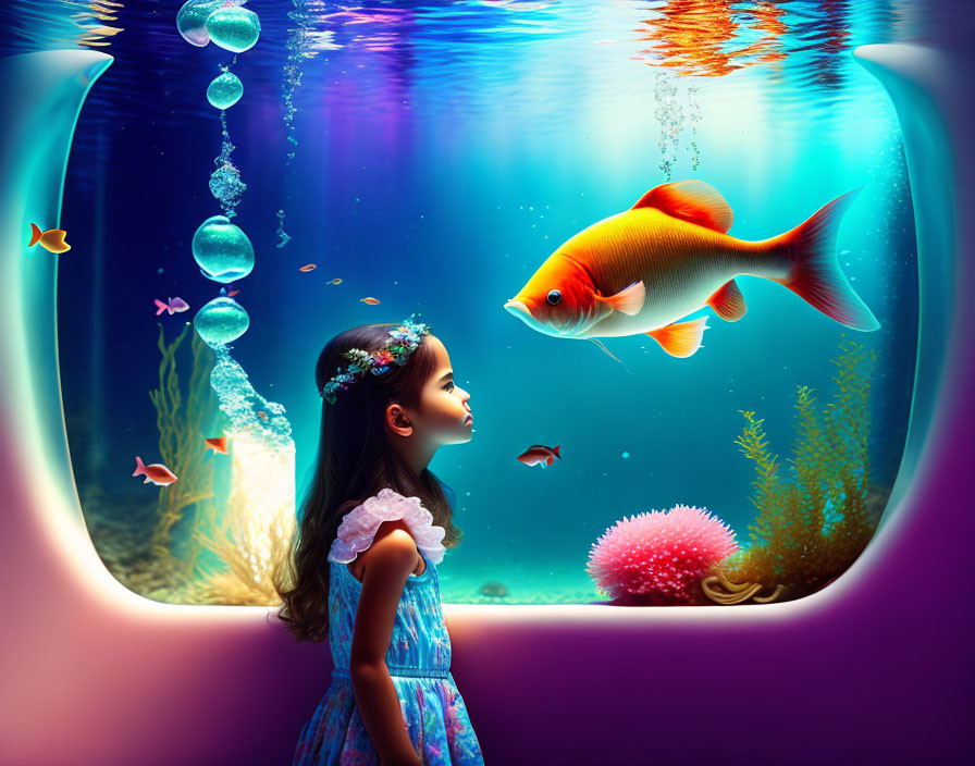 Girl in Blue Dress Observing Colorful Fish in Underwater Scene