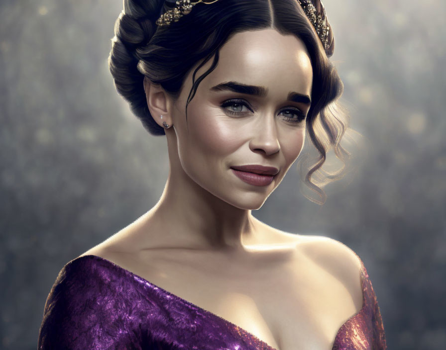 Smiling woman in purple dress with tiara and elegant hairstyle