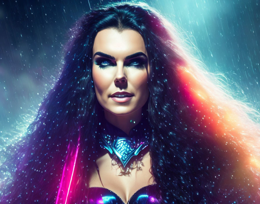 Voluminous hair and dramatic makeup under colorful lights and rain effect