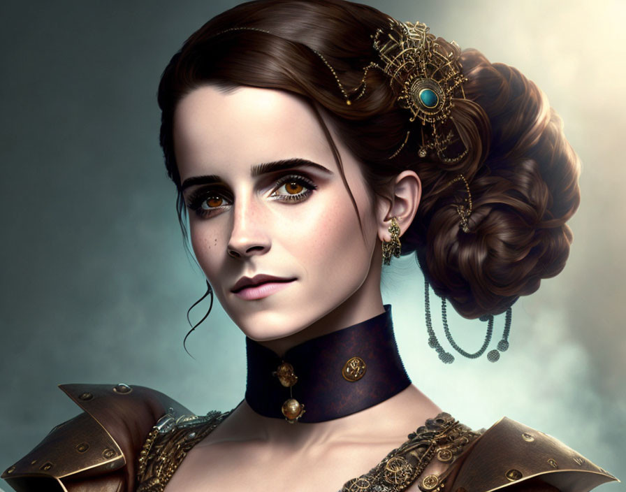 Digital portrait: Woman with elegant updo, golden hair accessories, dark choker, shoulder armor