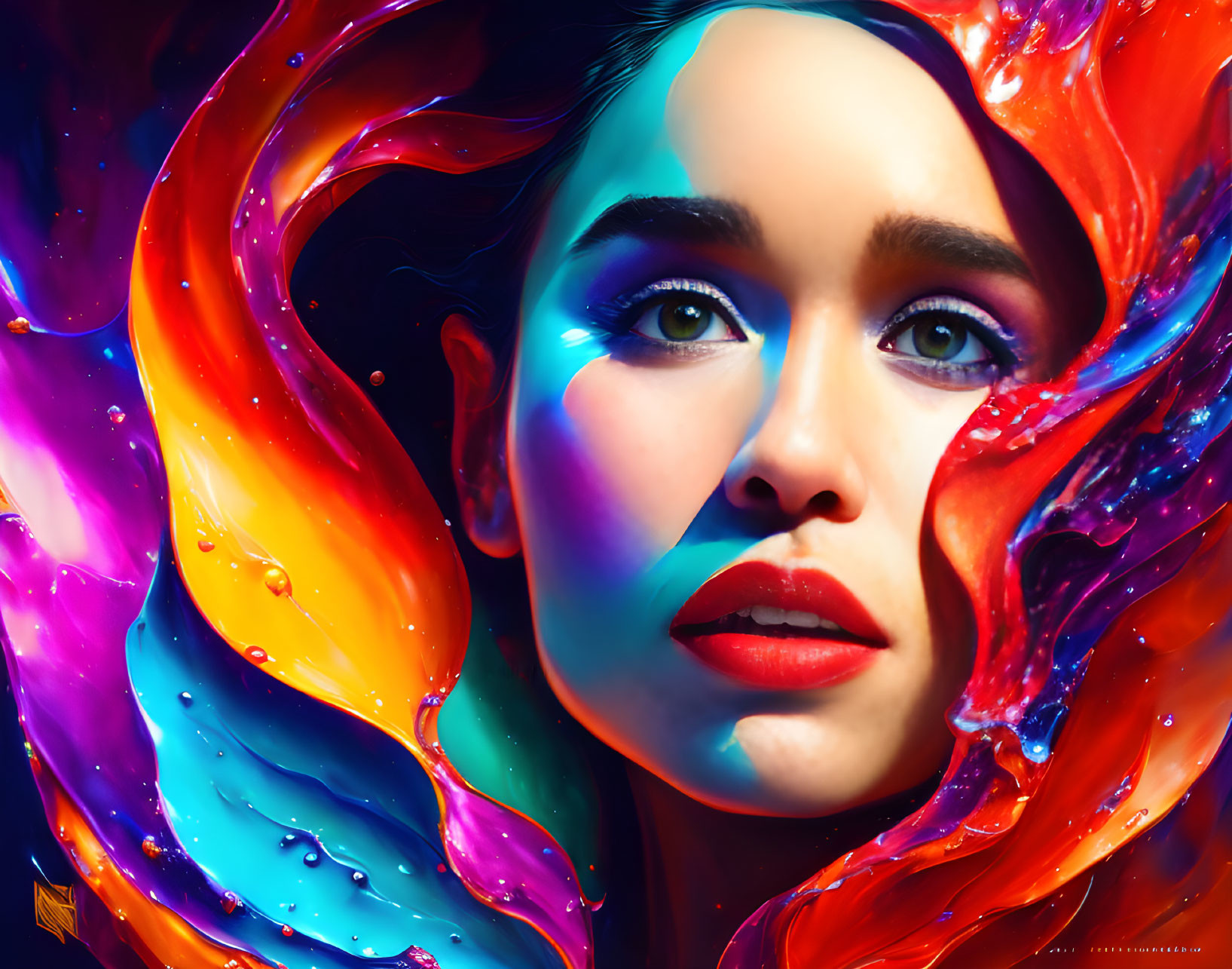 Colorful digital portrait of a woman with swirling paint - expressive eyes and features