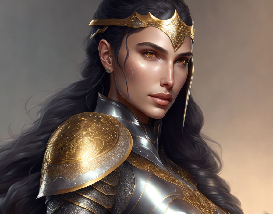 Woman in Golden Crown and Armor with Long Dark Hair