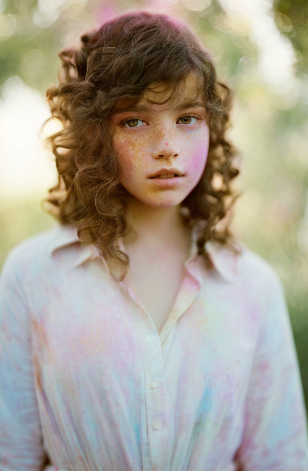 Young person with curly hair and freckles in pastel shirt outdoors.