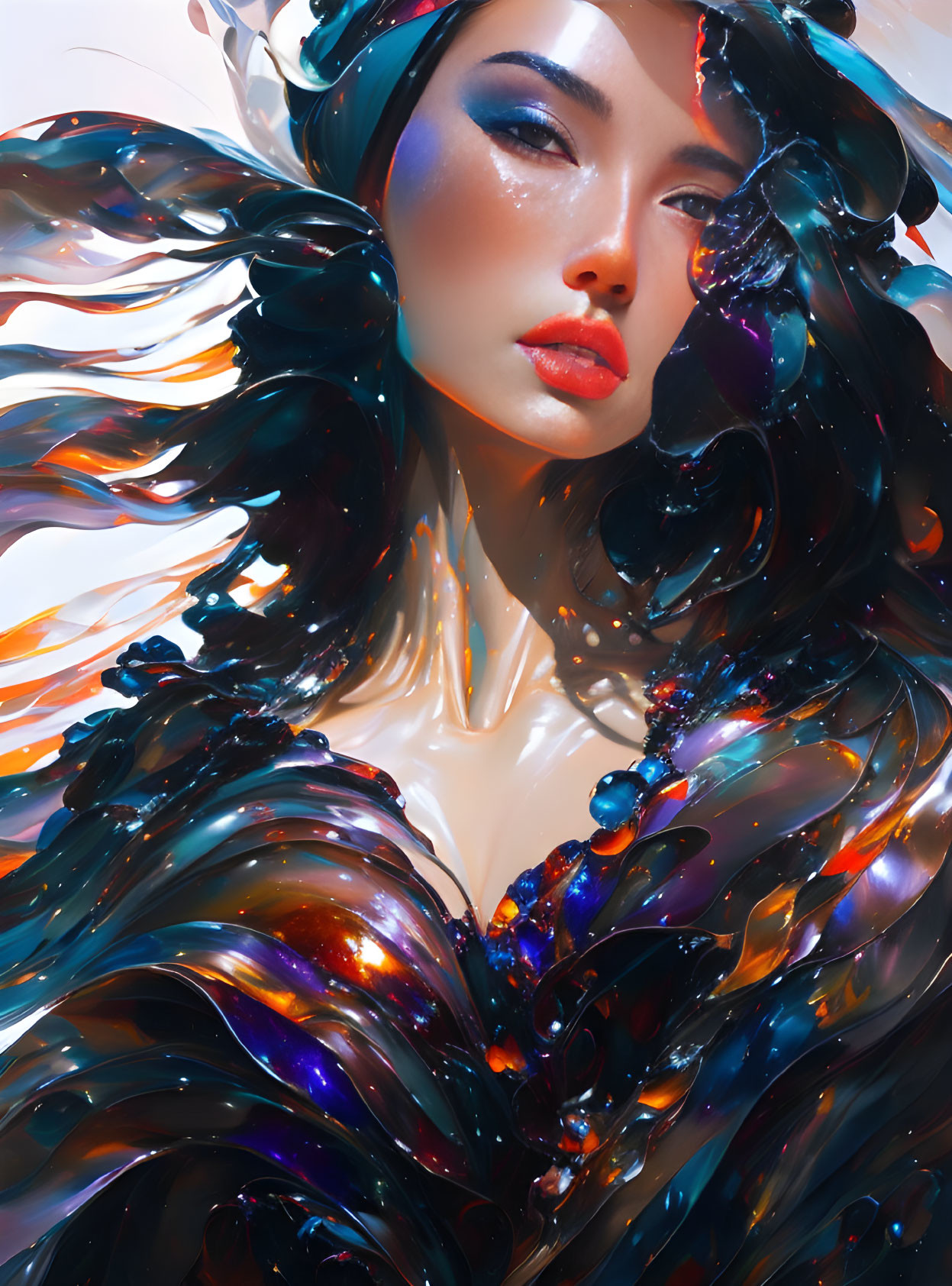 Colorful digital artwork of a woman with flowing hair and vibrant attire.