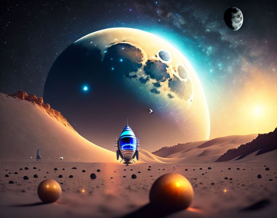 Futuristic spacecraft on desert alien planet with large moons