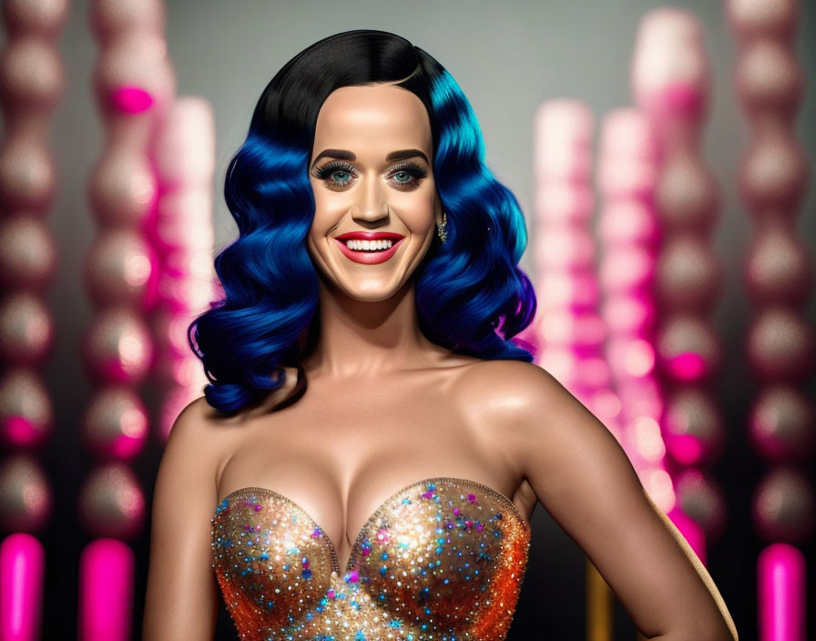 Smiling woman with blue hair in glittery top and pink lights.