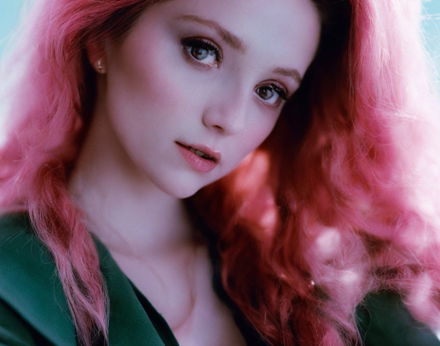 Vibrant pink hair woman with piercing eyes in green attire on soft blue backdrop