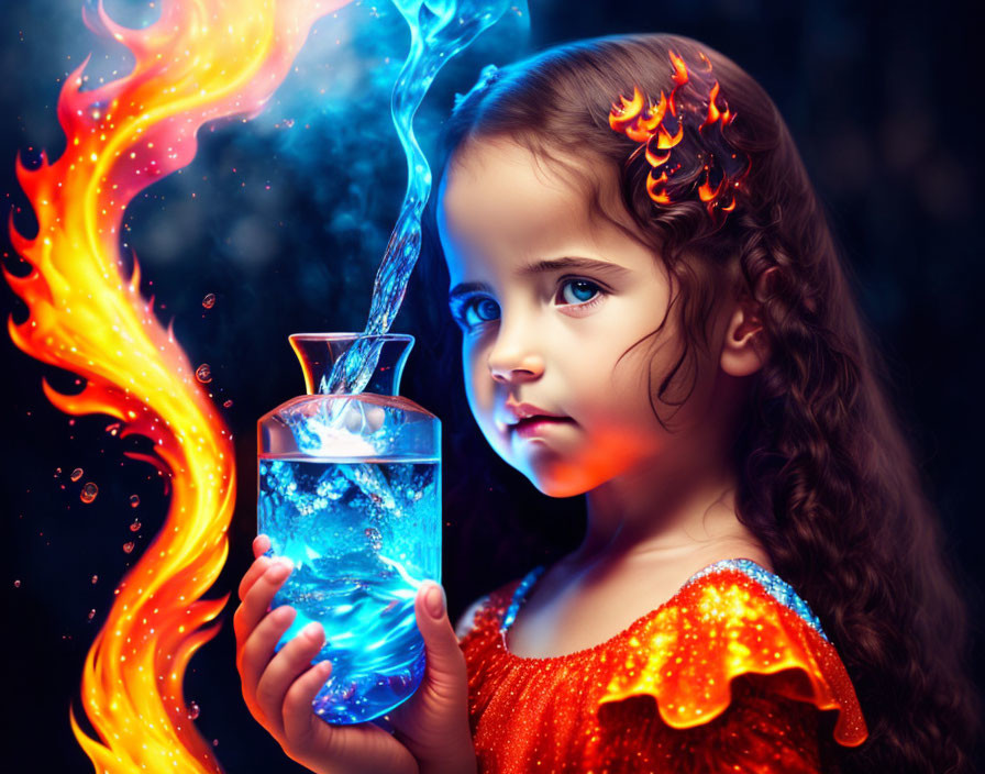 Curly-haired girl holding glass contrasts fire and water