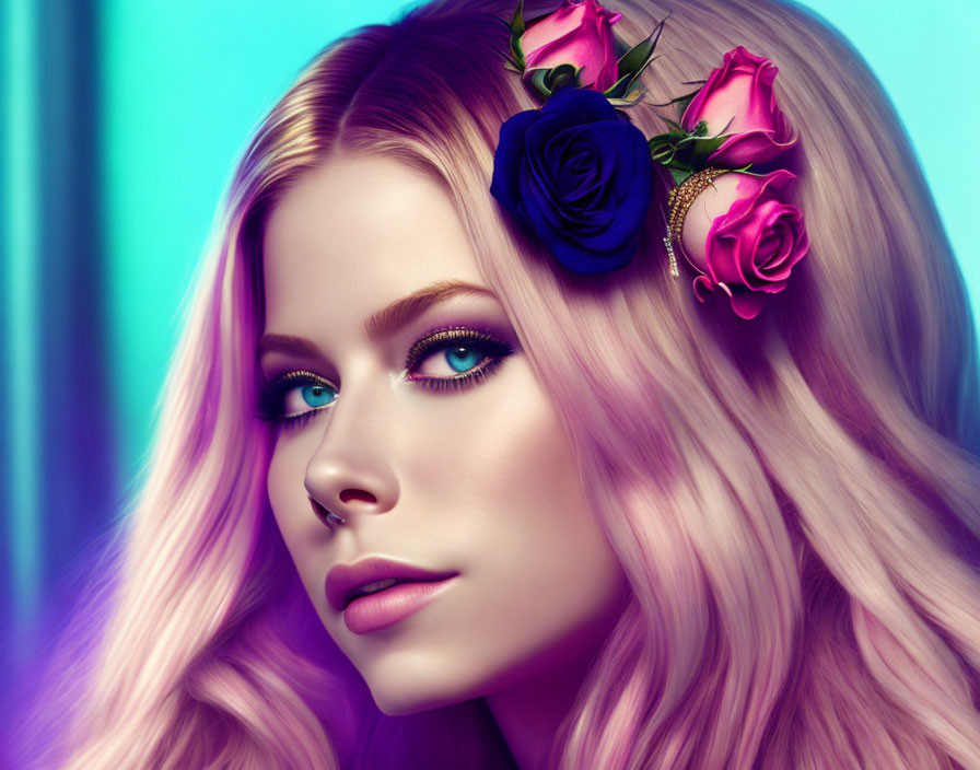 Digital portrait of woman with pink hair and blue eyes, adorned with roses, on teal background