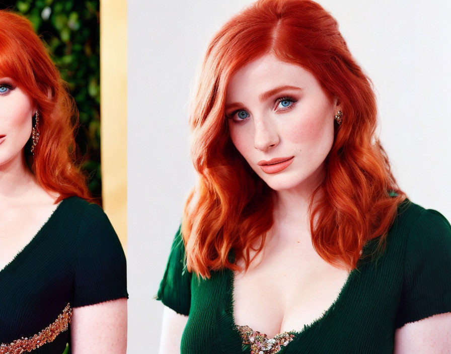 Red-haired woman in green dress with plunging neckline and bejeweled accent