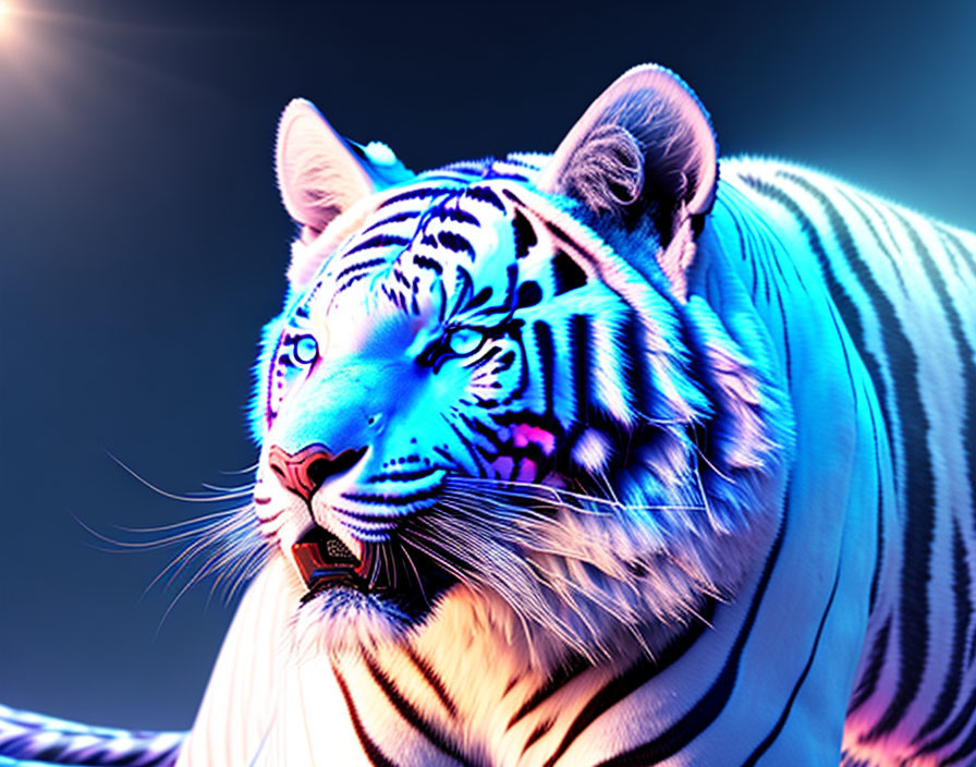 Digitally altered tiger in vibrant neon colors on dark background