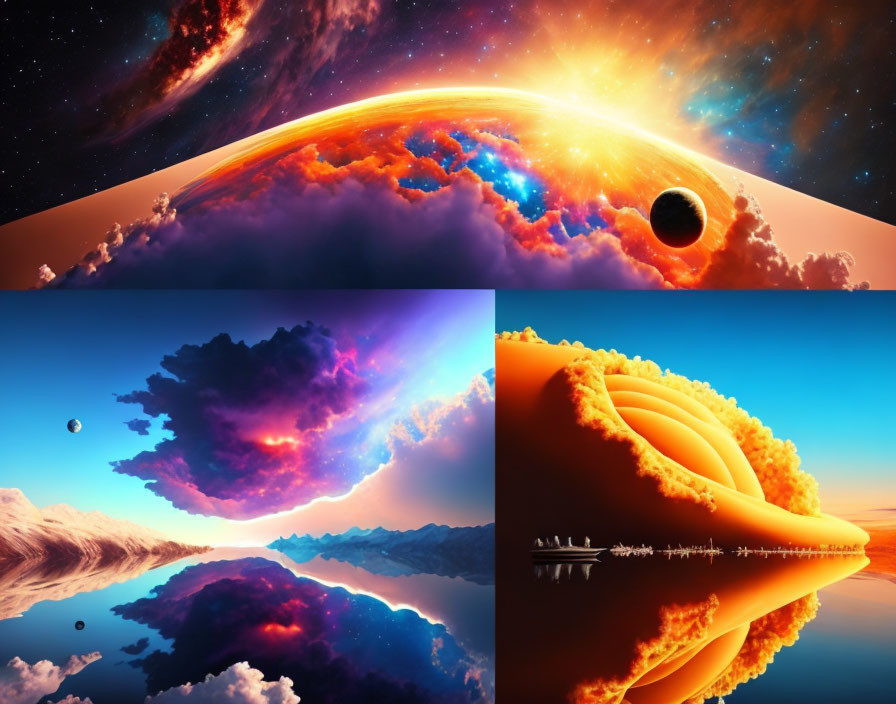 Vibrant cosmic landscapes: planet curve, fiery sunset, purple nebulae, orange dunes