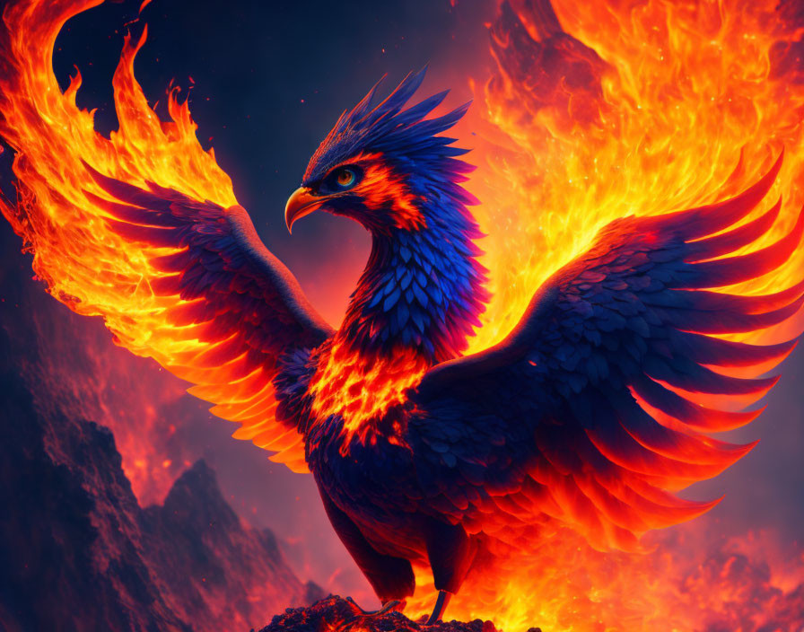 Majestic Phoenix with Flames for Wings Against Red-Hot Lava