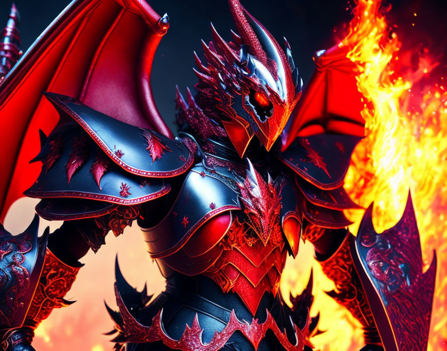 Fantasy armor with dragon designs in red and black.