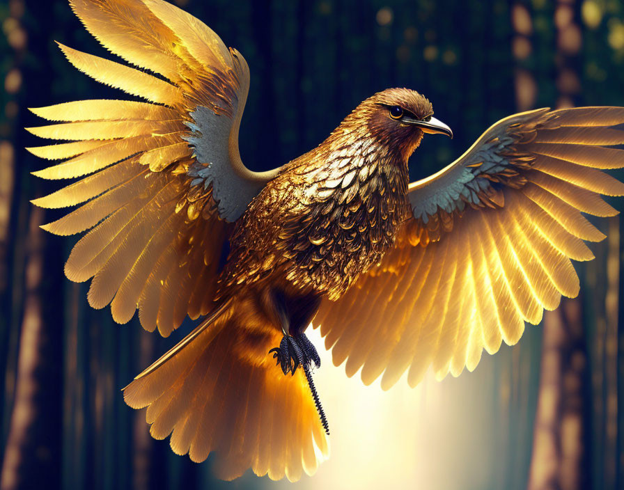 Majestic bird with golden feathers soaring in sunlight