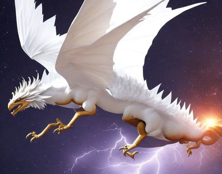 White dragon flying through starry sky with lightning bolts