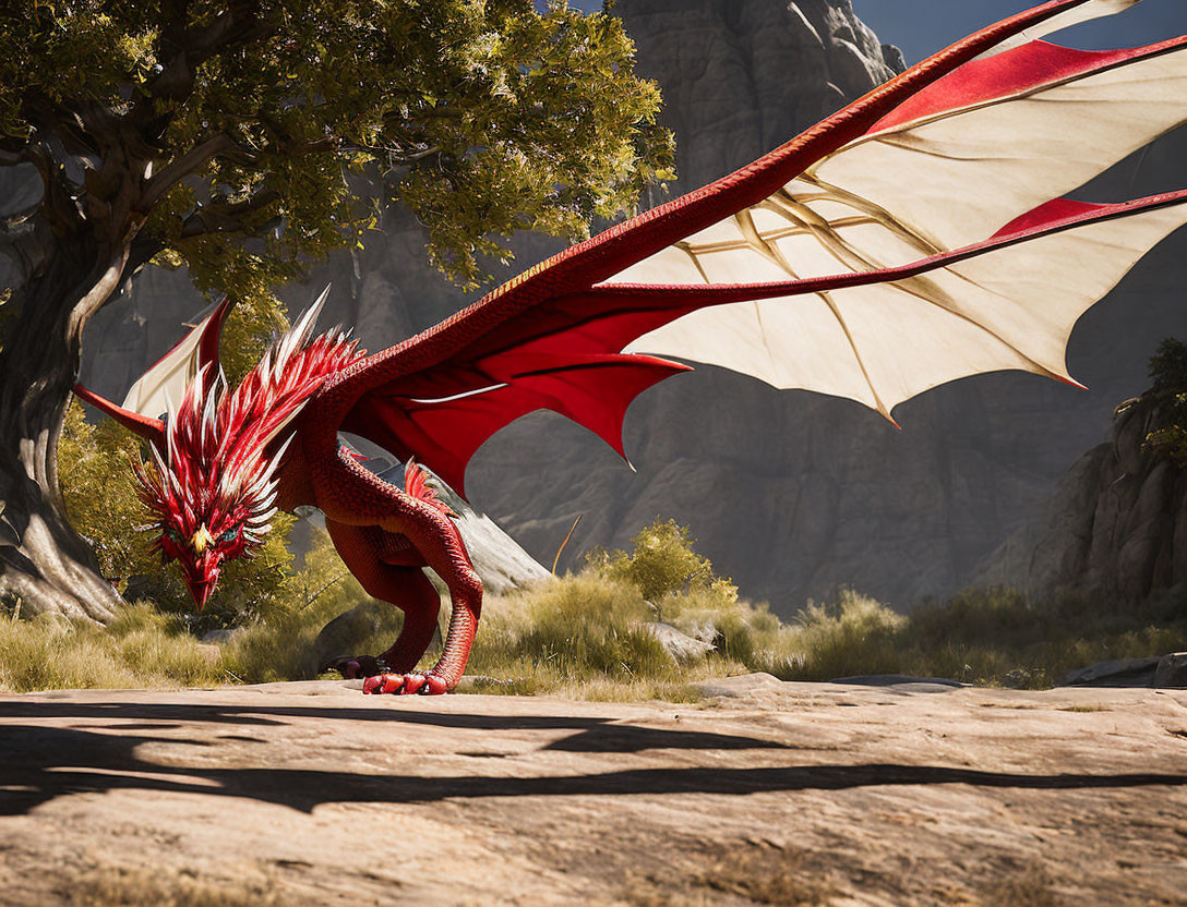 Red Dragon with Large Wings and Horns in Rocky Terrain with Tree
