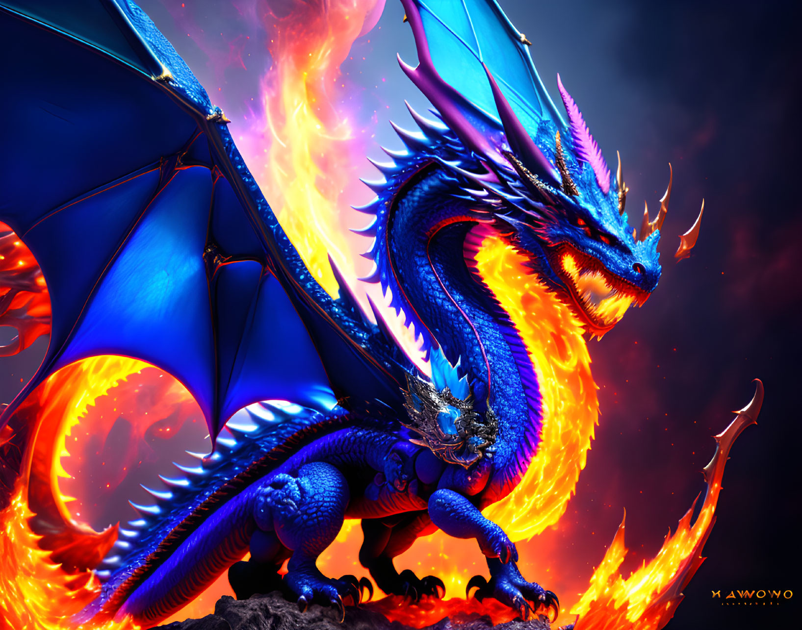 Detailed Blue Dragon with Fiery Breath in Flames