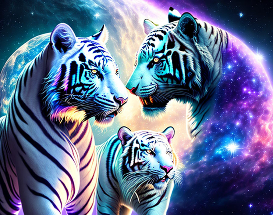 Ethereal white tigers with blue stripes in cosmic background