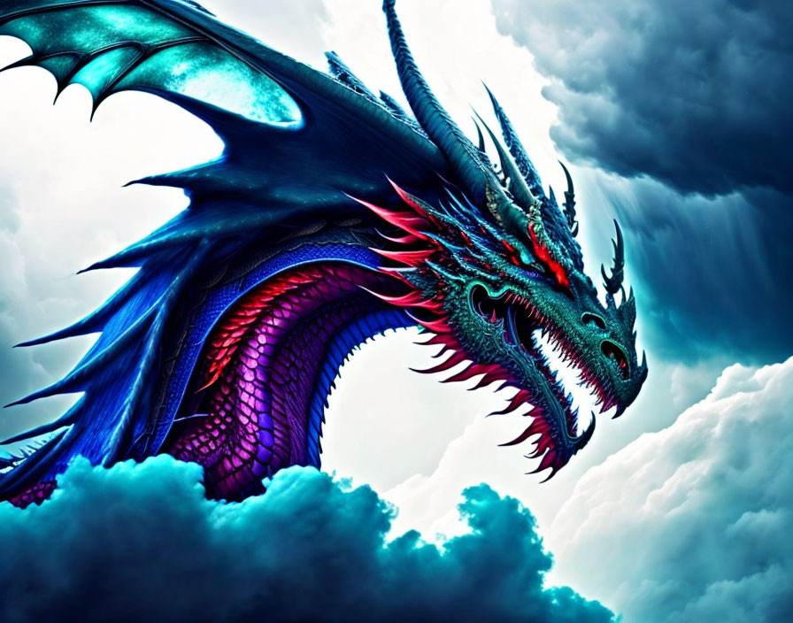 Colorful digital artwork: Blue and red dragon flying in stormy clouds