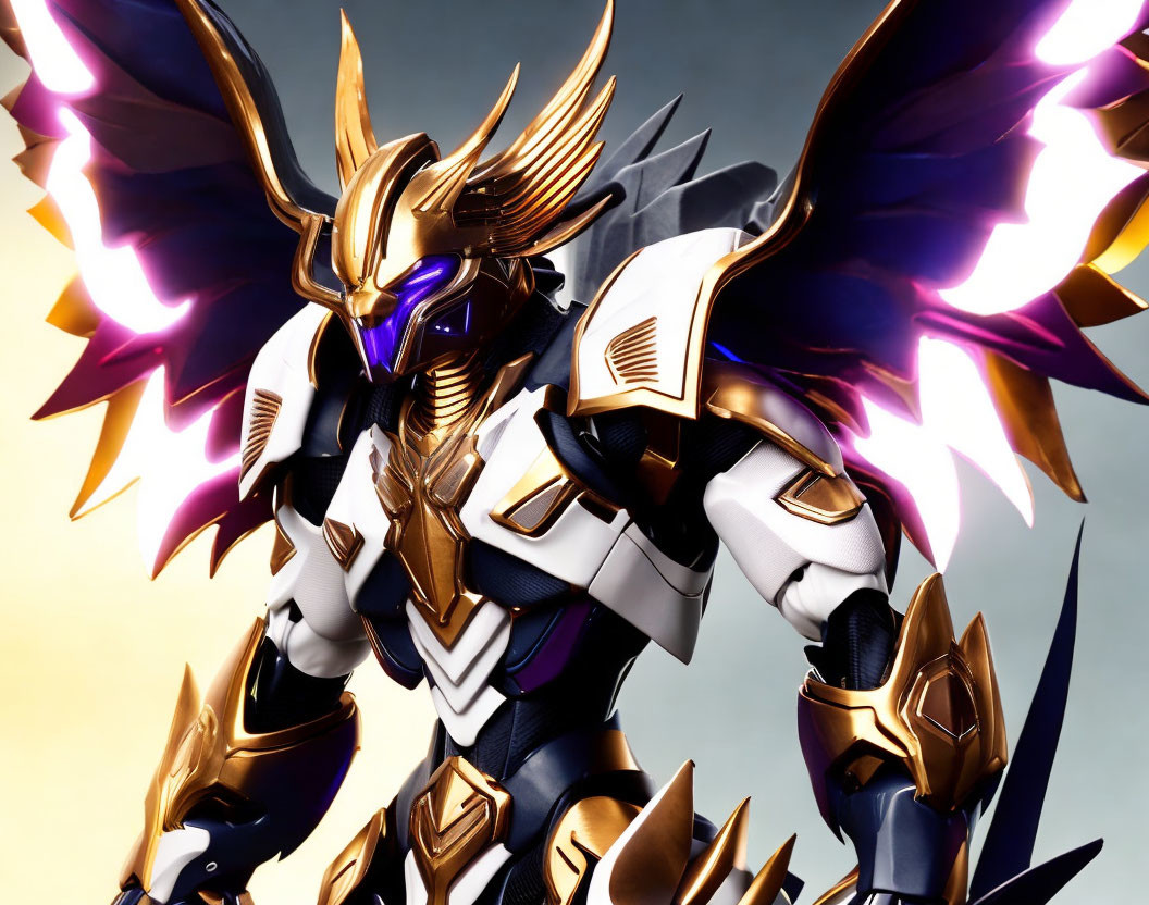 Detailed Armored Warrior Figure with Gold and Blue Coloration and Purple Wings