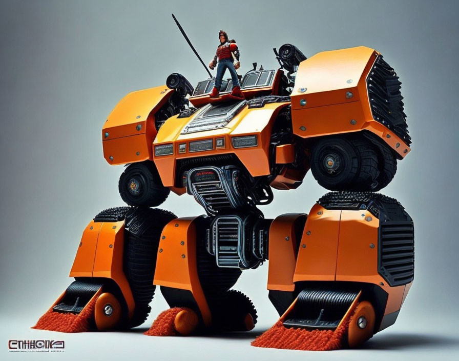 Orange futuristic robot with tank treads and person holding a sword in victory pose