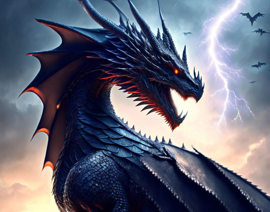 Sinister black dragon with glowing red eyes under stormy sky and lightning, silhouettes of flying