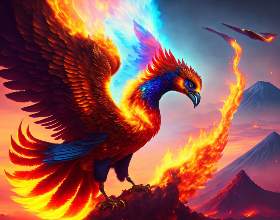 Majestic Phoenix with Blue and Orange Feathers Soaring Amid Volcanic Eruption