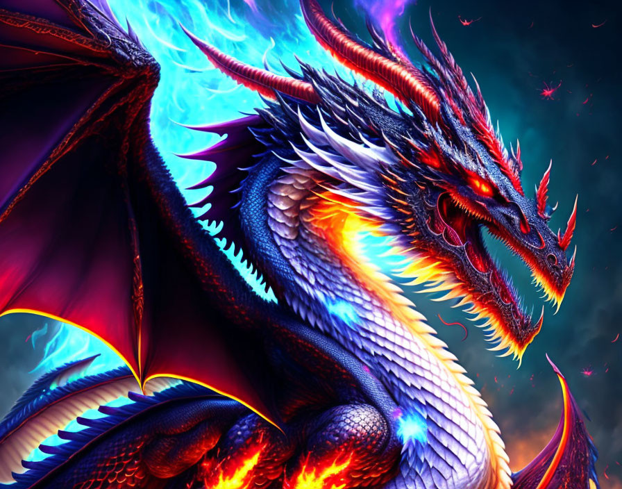 Colorful Dragon with Red Eyes and Blue Flames on Dark Background